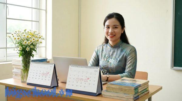 Giáo viên mỉm cười bên bàn làm việc với cuốn lịch đánh dấu 3 ngày nghỉ kết hôn theo luật.