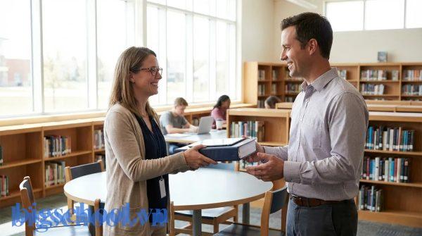 Hai giáo viên trao đổi giáo án và tài liệu giảng dạy trong thư viện trường học hiện đại.
