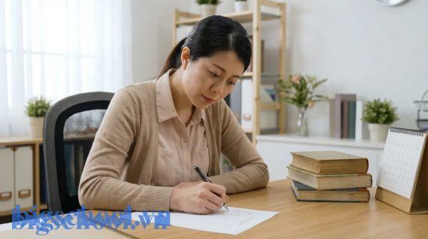 Giáo viên đang hoàn tất mẫu đơn xin nghỉ ốm ngắn ngày tại bàn làm việc chuyên môn.