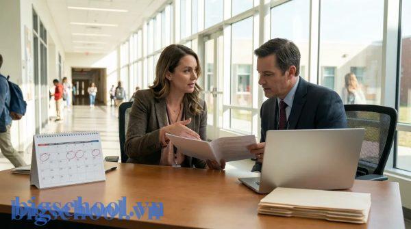 Giáo viên nữ trao đổi kế hoạch nghỉ thai sản với ban giám hiệu để nhà trường sắp xếp nhân sự.