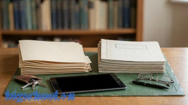 Hồ sơ sổ sách và giáo án được giáo viên sắp xếp ngăn nắp để chuẩn bị bàn giao chuyên môn.