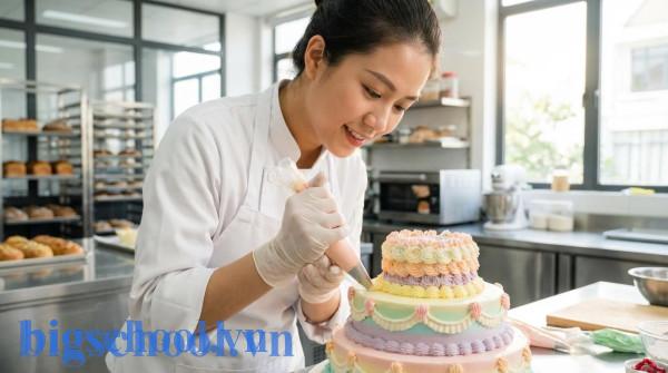 Nữ thợ bánh người Việt đang trang trí một chiếc bánh kem nghệ thuật.