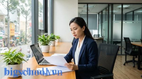 Nữ nhân viên văn phòng người Việt đang xử lý hồ sơ kế toán một cách cẩn thận.