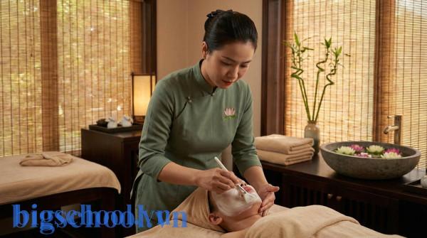 Kỹ thuật viên spa người Việt đang chăm sóc da mặt chuyên nghiệp cho khách hàng.