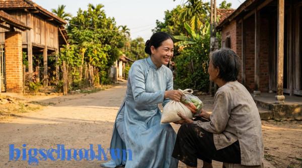 Người phụ nữ Việt Nam tặng quà từ thiện thể hiện sự ban phát và ý nghĩa chữ Huệ.