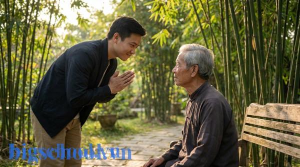Một người trẻ Việt Nam cúi đầu lễ phép trước bậc cao niên thể hiện ý nghĩa chữ Ân.