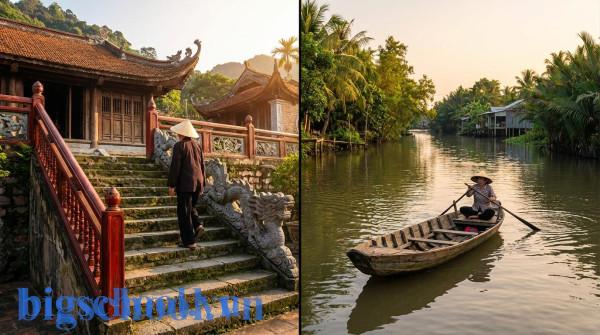 Hình ảnh so sánh trực quan giữa hành động đi lên cầu thang và con thuyền lênh đênh trên sông.