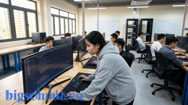 Nhóm sinh viên Việt Nam thực hành kỹ năng lập trình trong một lớp học nghề công nghệ thông tin hiện đại.