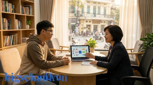 Sinh viên Việt Nam đang nhận tư vấn hướng nghiệp từ chuyên gia giáo dục tại một văn phòng hiện đại.