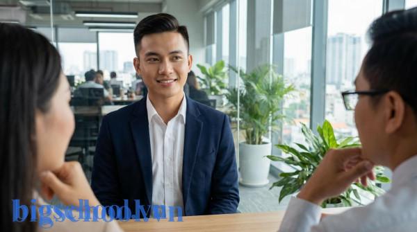 Ứng viên trẻ người Việt tự tin trả lời phỏng vấn xin việc tại một văn phòng công ty chuyên nghiệp.