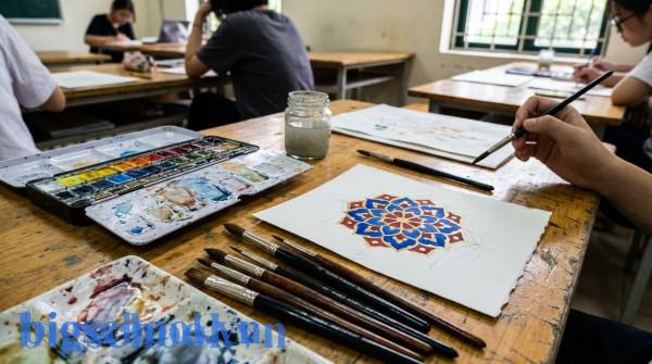 Các dụng cụ vẽ trang trí màu và bài thi khối H điển hình của thí sinh thi vào cao đẳng mỹ thuật.