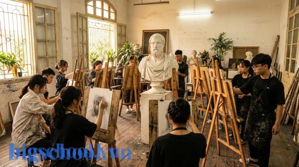 Sinh viên Trường Cao đẳng Nghệ thuật Hà Nội đang thực hành vẽ hình họa khối thạch cao trong xưởng vẽ.