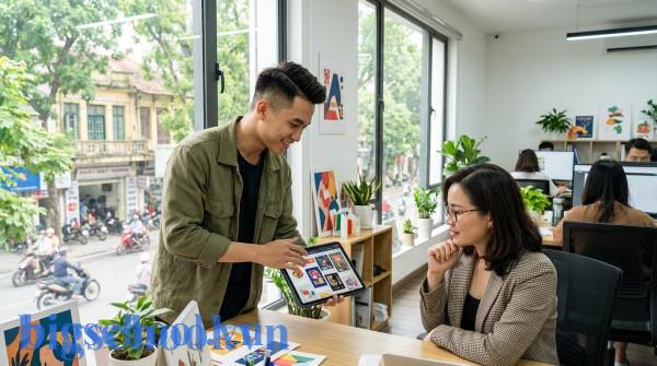 Sinh viên cao đẳng mỹ thuật tại Hà Nội đang giới thiệu hồ sơ năng lực Portfolio cho nhà tuyển dụng.