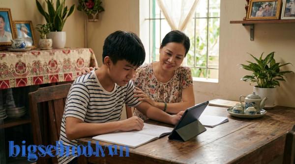 Phụ huynh Việt Nam đang cùng con trai trao đổi về kế hoạch học tập và rèn luyện tại nhà.