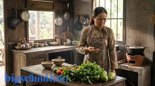 Người phụ nữ Việt Nam đang ước chừng khối lượng rau củ tươi trên bàn bếp gỗ truyền thống.