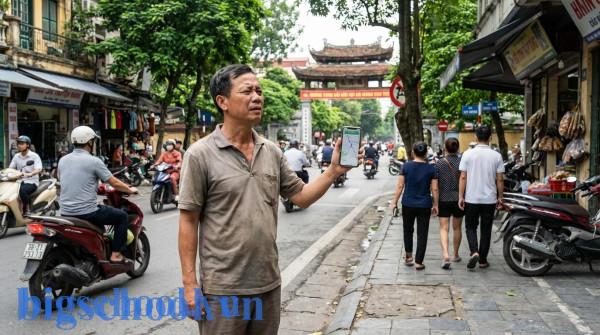 Người đàn ông tại Hà Nội đang ước chừng khoảng cách và thời gian di chuyển trên đường phố.