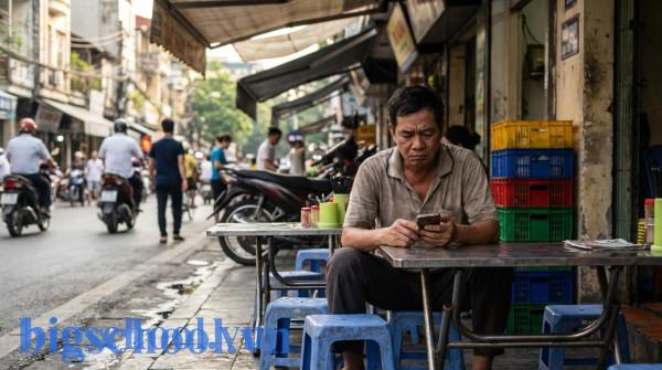 Người đàn ông Việt Nam với vẻ mặt u sầu ngồi một mình tại quán cà phê vỉa hè.