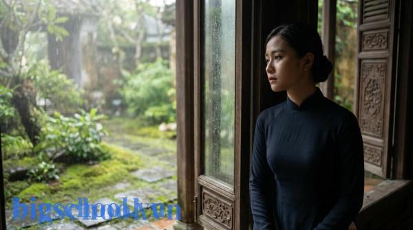 Chân dung người phụ nữ Việt Nam mang nét mặt ưu sầu đầy suy tư bên khung cửa sổ.