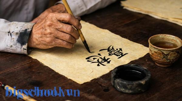 Bức thư pháp Hán Việt tinh xảo thể hiện hai từ Ưu và Sầu để giải nghĩa từ nguyên.