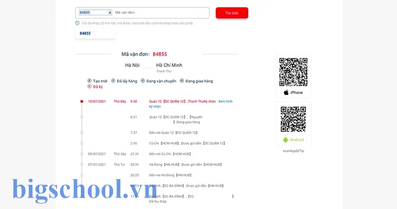 Thông tin chi tiết đơn hàng sau khi tra cứu trên website BEST Express