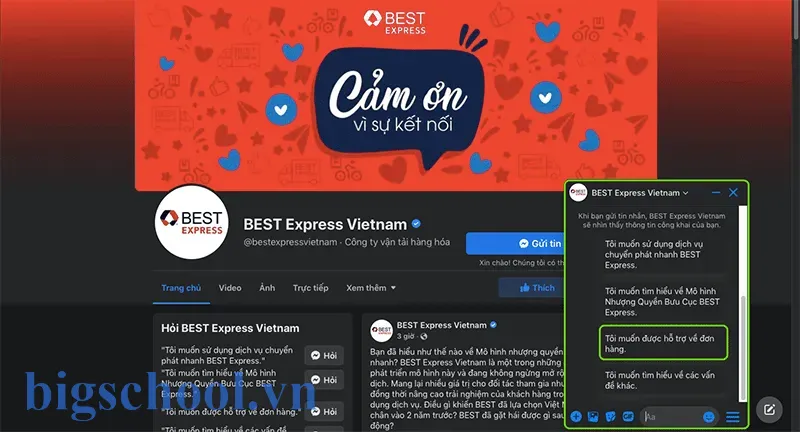 Liên hệ BEST Express qua Facebook để tra cứu vận đơn
