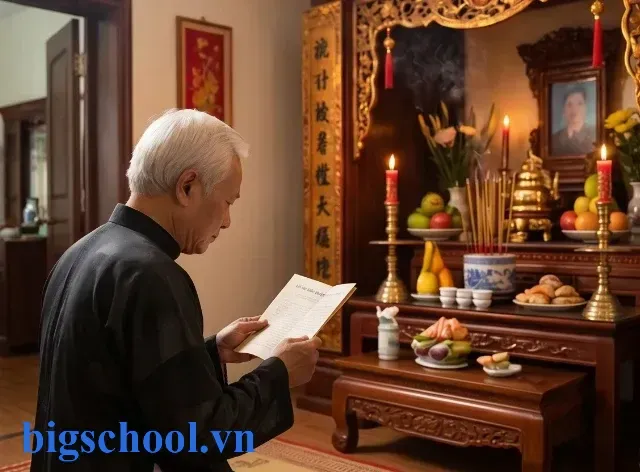 Minh họa gia đình đang đọc bài văn khấn ngày giỗ