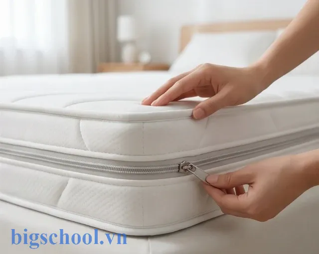 Vỏ bọc đệm bông ép có khóa kéo chắc chắn giúp cố định và bảo vệ đệm