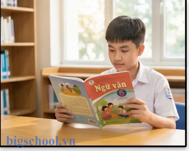 Học sinh nghiên cứu SGK Ngữ văn 6 tập 2 bộ Chân trời sáng tạo trong thư viện