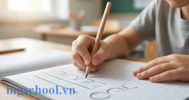 Cách viết các nét cơ bản của lớp 1 chuẩn kỹ thuật 37 Bé đang tập trung luyện viết các nét cơ bản của lớp 1 trên trang vở ô ly sạch đẹp