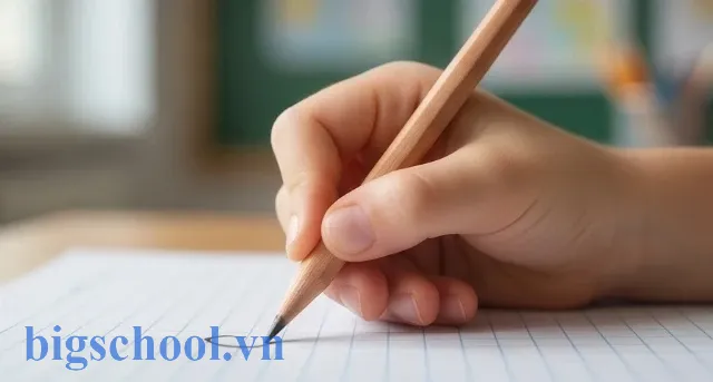 Tư thế cầm bút bằng ba ngón tay chuẩn xác khi luyện các nét cơ bản của lớp 1