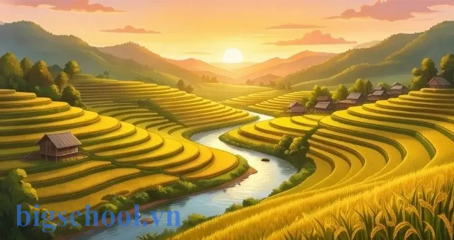 Cảnh đẹp bình yên của vùng quê nội địa với cánh đồng lúa chín vàng óng