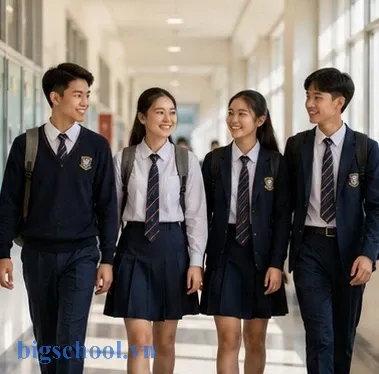 Nhóm học sinh mặc đồng phục học sinh chỉnh tề thể hiện tác phong học đường văn minh