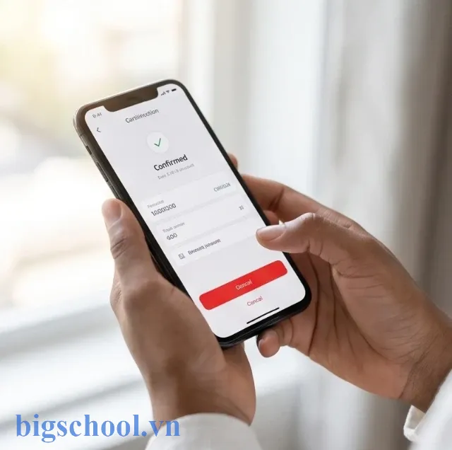 Người dùng thao tác hủy dịch vụ SMS Banking trên ứng dụng điện thoại để tiết kiệm chi phí