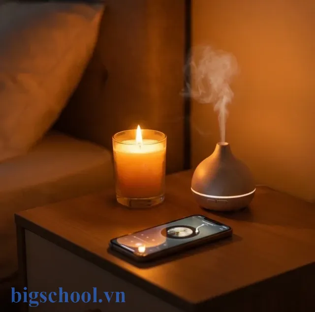 Không gian thiền nằm trước khi ngủ lý tưởng với nến thơm và ánh sáng ấm áp