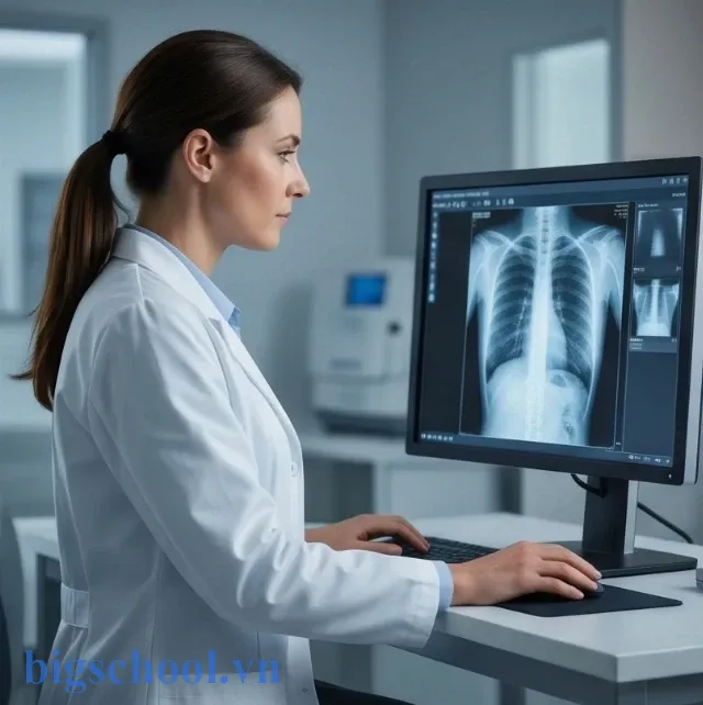 Nữ kỹ thuật viên hình ảnh y học đang chăm chú phân tích kết quả trên màn hình