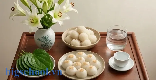 Mâm cúng Tết Hàn thực chuẩn phong tục với bánh trôi bánh chay và hoa tươi