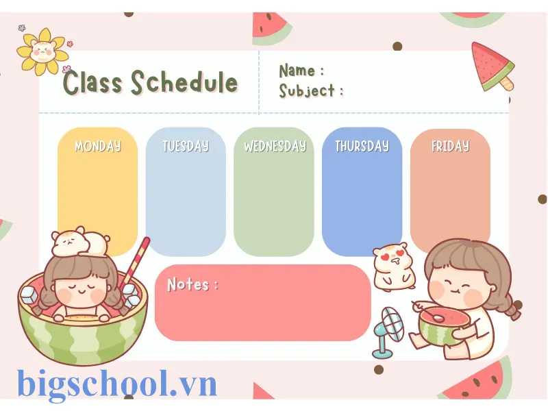 Thời khóa biểu cute với phong cách thiết kế sinh động tạo cảm hứng học tập mỗi ngày