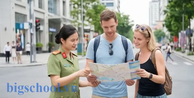 Chien si cong an giao tiep voi khach quoc te bang tieng anh