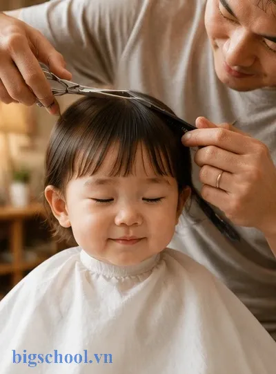 Em bé dễ thương được cắt tóc vào ngày tốt để cầu bình an