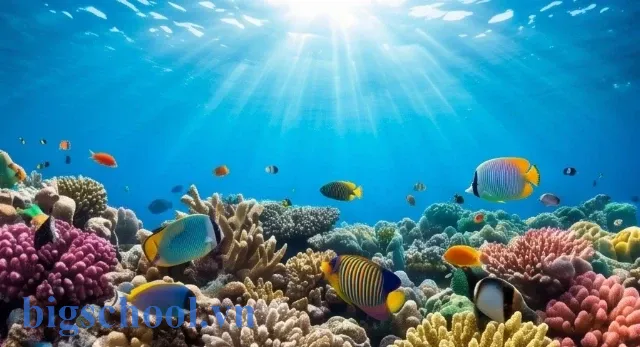 Phong cảnh ngoạn mục của rạn san hô đa sắc màu dưới bãi biển xanh trong
