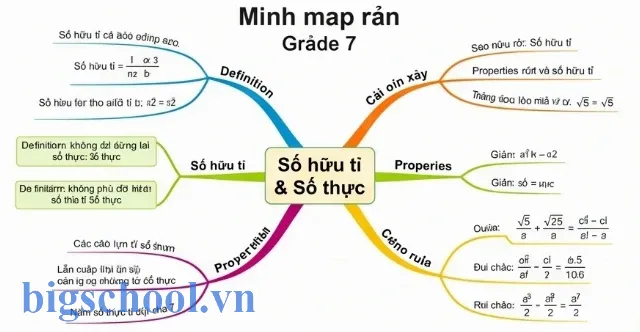 Phương pháp học tốt và giải bài tập Toán 7 hiệu quả 8 Sơ đồ tư duy tóm tắt các khái niệm số hữu tỉ và số thực trong Toán 7 giúp ghi nhớ kiến thức