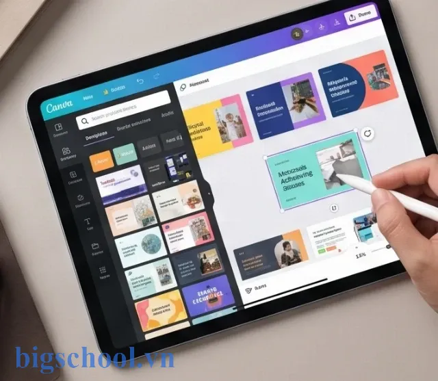 Giao diện thiết kế kéo thả trên trang web làm PowerPoint Canva với nhiều icon và màu sắc