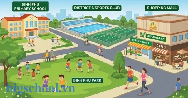 Tiện ích nổi bật trong khu dân cư Bình Phú như trường học và công viên