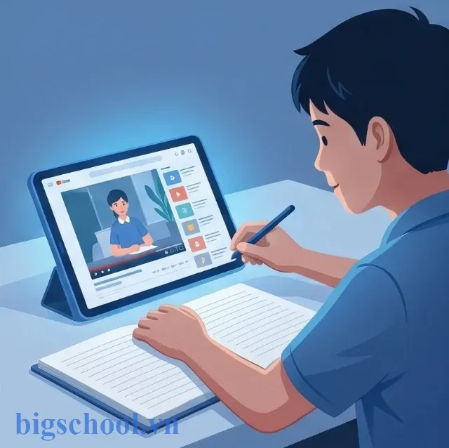 Học sinh sử dụng máy tính bảng để tra cứu bài tập Tiếng Việt lớp 5