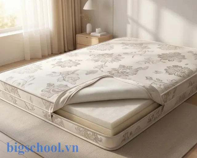 Lớp vỏ bọc đệm bông ép bằng vải gấm hoa văn tinh xảo giúp bảo vệ lõi đệm