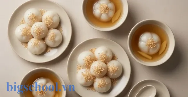 Cận cảnh đĩa bánh trôi bánh chay trắng ngần tượng trưng cho sự gắn kết dân tộc