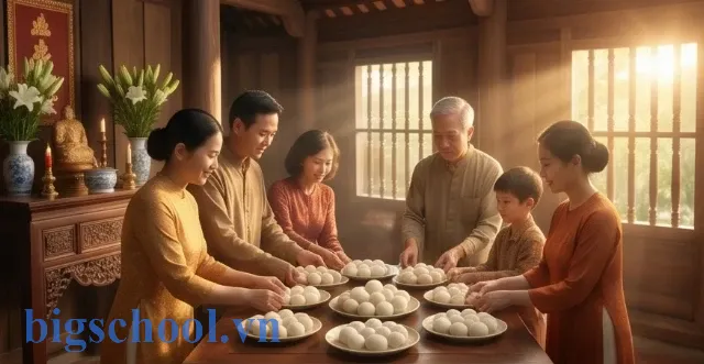Ý nghĩa Tết Hàn thực trong văn hóa tâm linh người Việt 1 Khung cảnh gia đình Việt chuẩn bị mâm cỗ cúng Tết Hàn thực thành kính hướng về tổ tiên