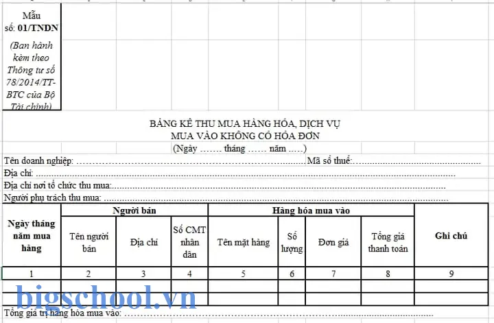 Bảng Kê 01 Tndn Excel