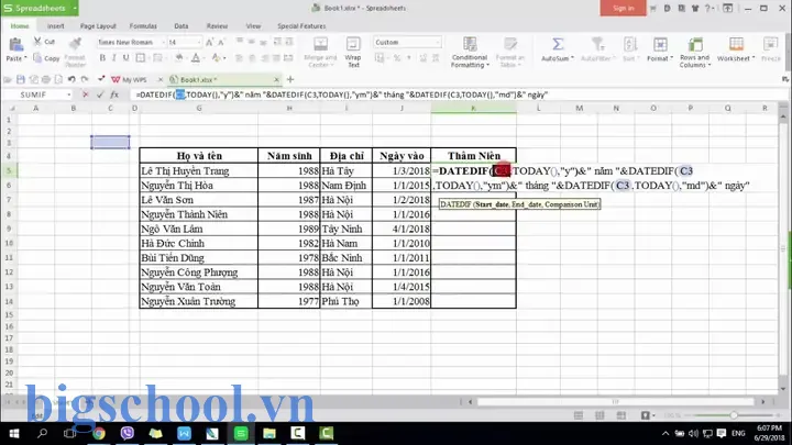 Cách Tính Thâm Niên Trong Excel