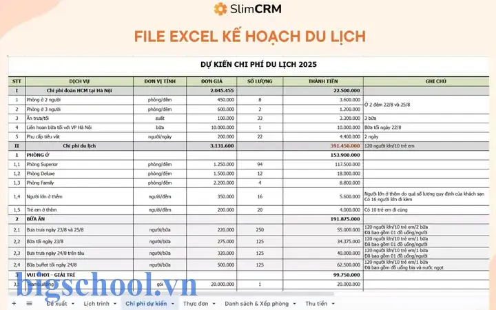 Excel Lịch Trình Du Lịch